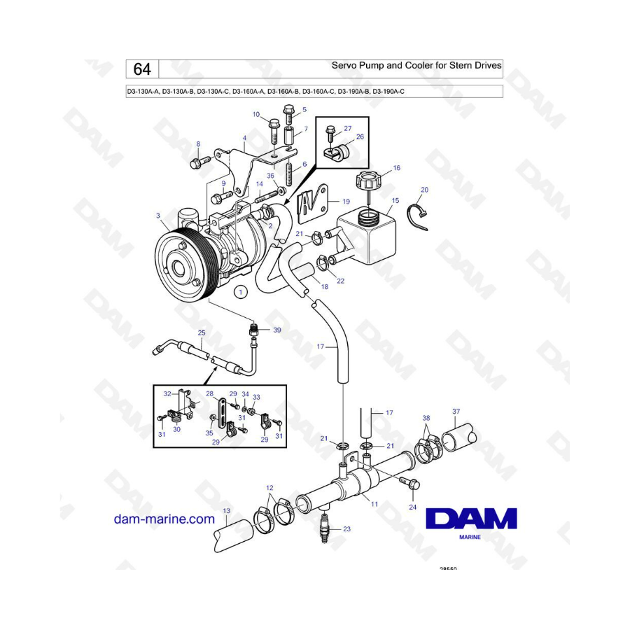 Volvo Penta D3-130 / D3-160 / D3-190 - Servo pump & cooler for stern drives