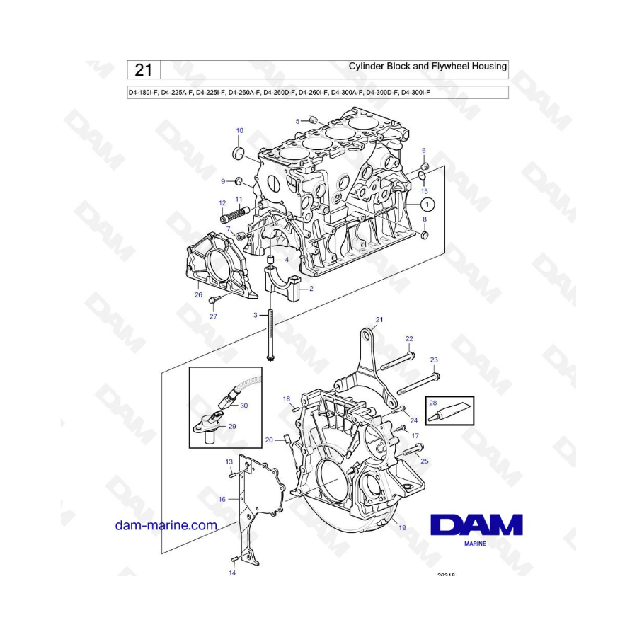 Volvo Penta D4-180I-F, D4-225A-F, D4-225I-F, D4-260A-F, D4-260D-F, D4-260I-F, D4-300A-F, D4-300D-F, D4-300I-F - Bloque de cilind