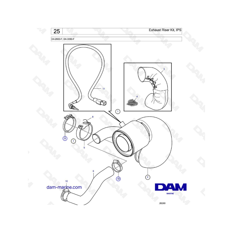 Volvo Penta D4-260D-F, D4-300D-F - Kit elevador de escape, IPS