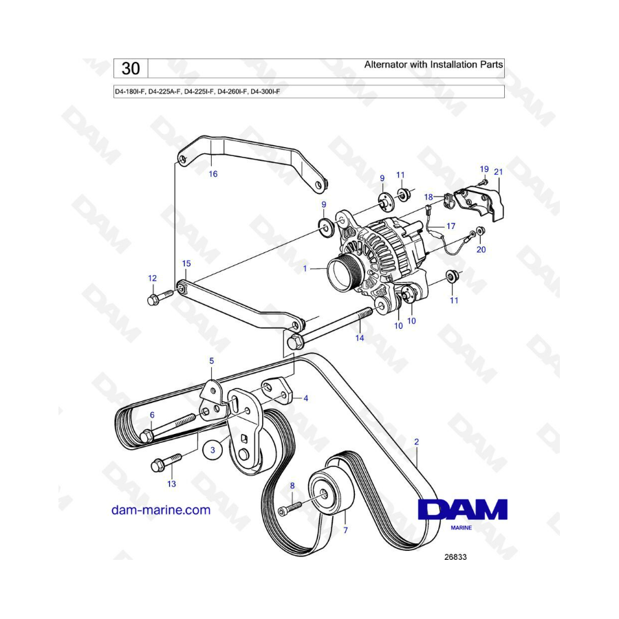 Volvo Penta D4-180I-F, D4-225A-F, D4-225I-F, D4-260I-F, D4-300I-F - alternador con piezas de instalación