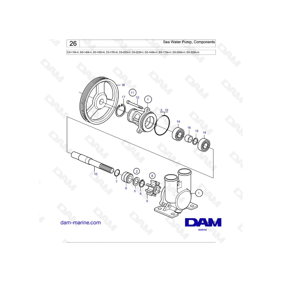 Volvo Penta D3-110I-H / D3-140I-H / D3-150I-H / D3-170I-H / D3-200I-H / D3-220I-H / D3-140A-H - Bomba de agua de mar, componente