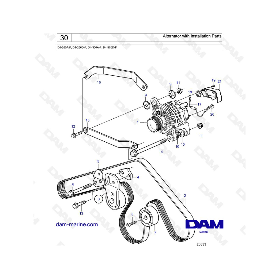 Volvo Penta D4-260A-F, D4-260D-F, D4-300A-F, D4-300D-F - Alternador con piezas de instalación