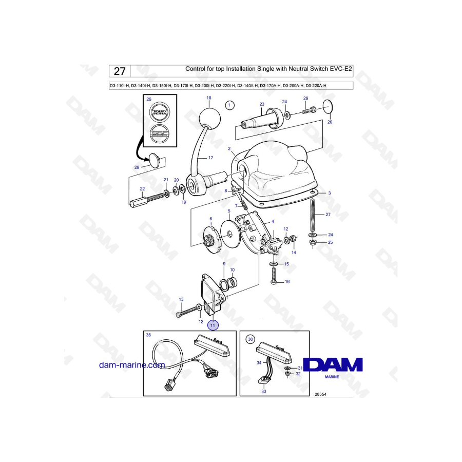 Volvo Penta D3-110I-H / D3-140I-H / D3-150I-H / D3-170I-H / D3-200I-H / D3-220I-H / D3-140A-H - Control for top Installation Si