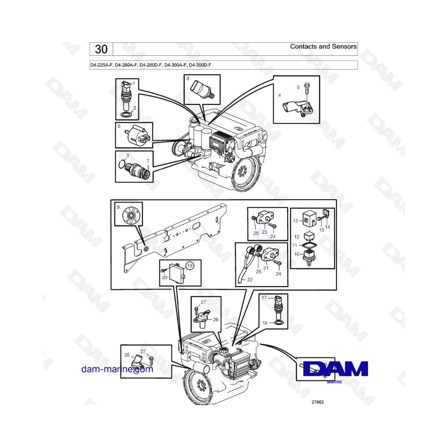 Volvo Penta D4-225A-F, D4-260A-F, D4-260D-F, D4-300A-F, D4-300D-F - Contactos y sensores