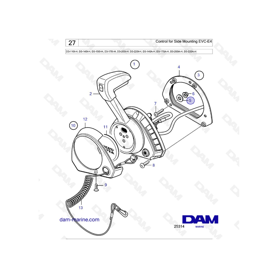 Volvo Penta D3-110I-H / D3-140I-H / D3-150I-H / D3-170I-H / D3-200I-H / D3-220I-H / D3-140A-H - Control for Side Mounting