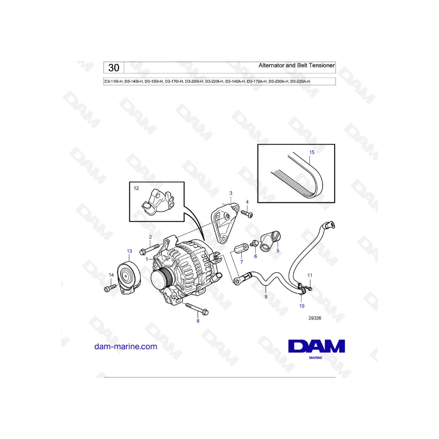 Volvo Penta D3-110I-H / D3-140I-H / D3-150I-H / D3-170I-H / D3-200I-H / D3-220I-H / D3-140A-H - Alternador y tensor de correa