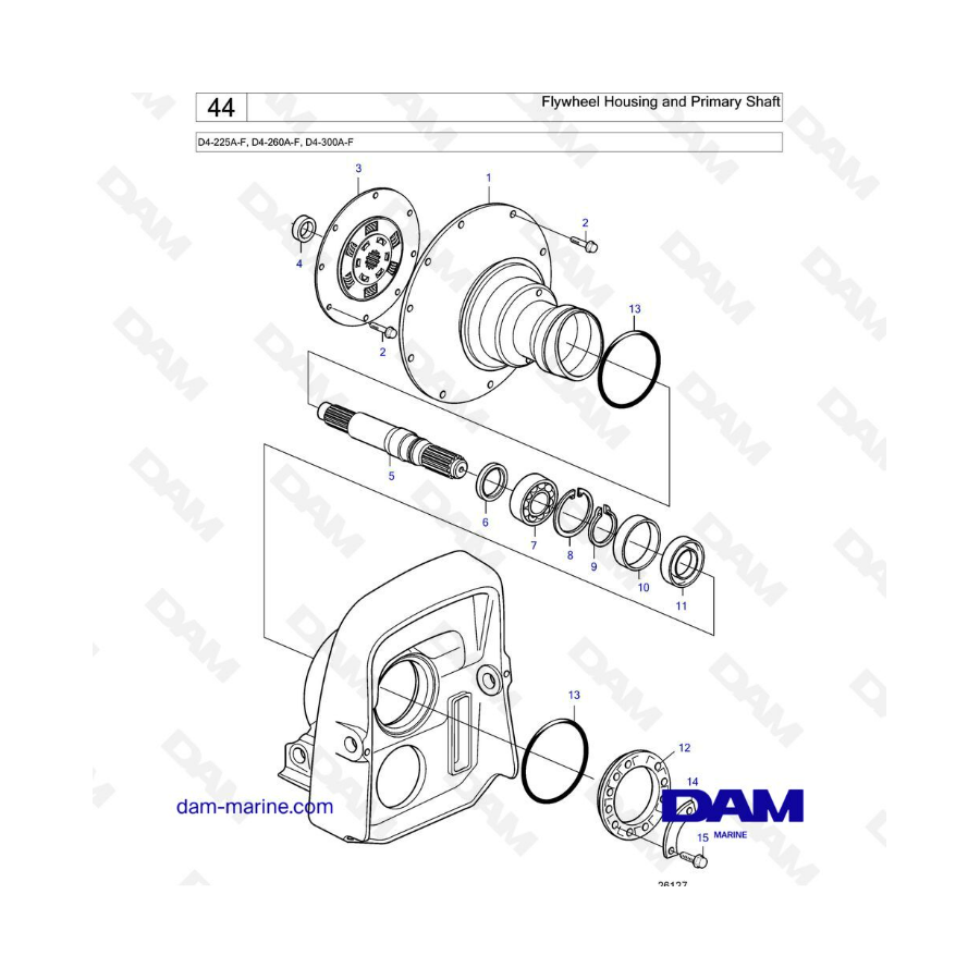 Volvo Penta D4-225A-F, D4-260A-F, D4-300A-F - Caja del volante y eje primario