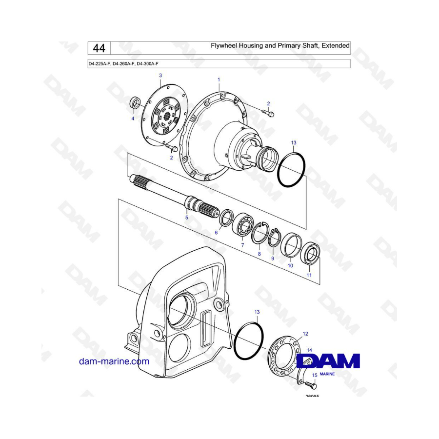 Volvo Penta D4-225A-F, D4-260A-F, D4-300A-F - Carcasa del volante y eje primario, extendido