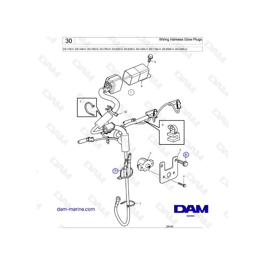 Volvo Penta D3-110I-H / D3-140I-H / D3-150I-H / D3-170I-H / D3-200I-H / D3-220I-H / D3-140A-H - Arnés de cableado