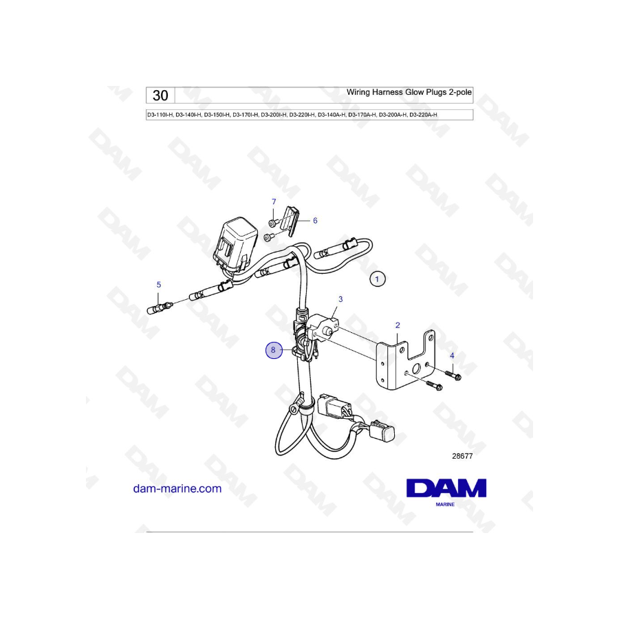 Volvo Penta D3-110I-H / D3-140I-H / D3-150I-H / D3-170I-H / D3-200I-H / D3-220I-H / D3-140A-H - Wiring Harness Glow