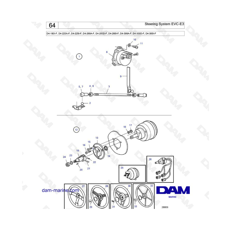 Volvo Penta D4-180 / D4-225 / D4-260 / D4-300 - Sistema de dirección EVC-E3