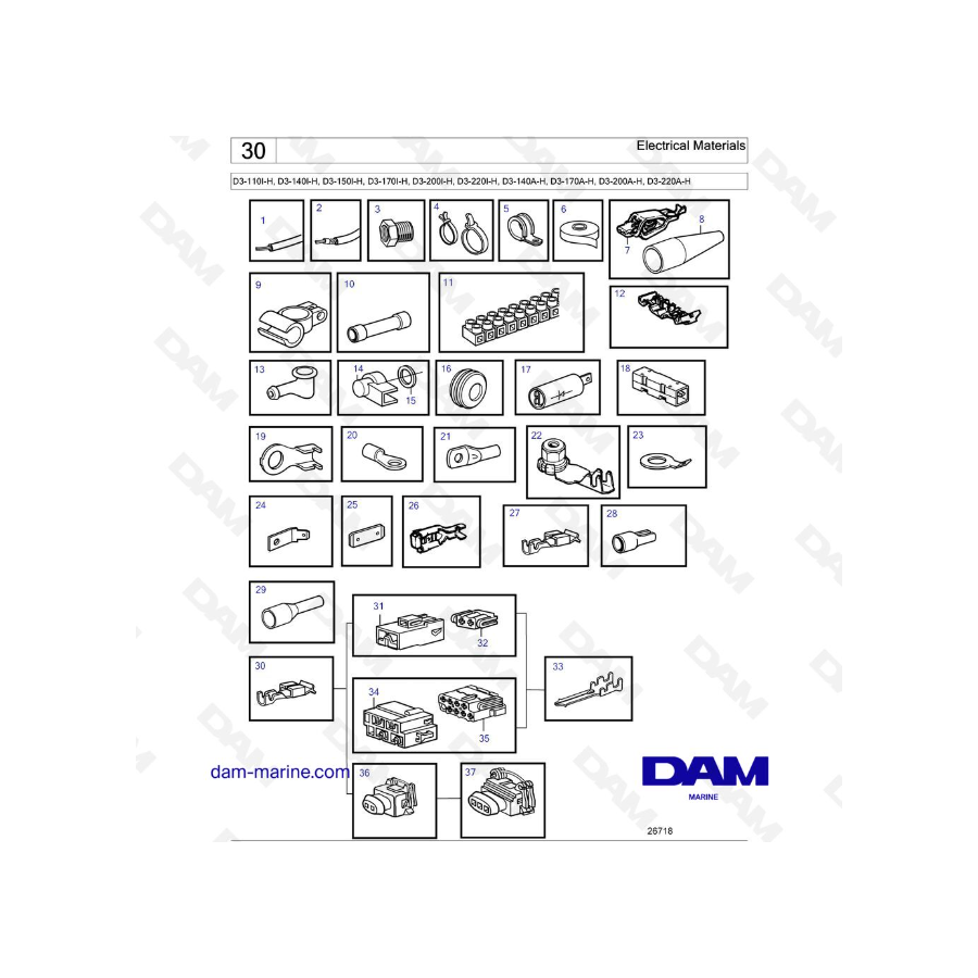 Volvo Penta D3-110I-H / D3-140I-H / D3-150I-H / D3-170I-H / D3-200I-H / D3-220I-H / D3-140A-H - Electrical Materials