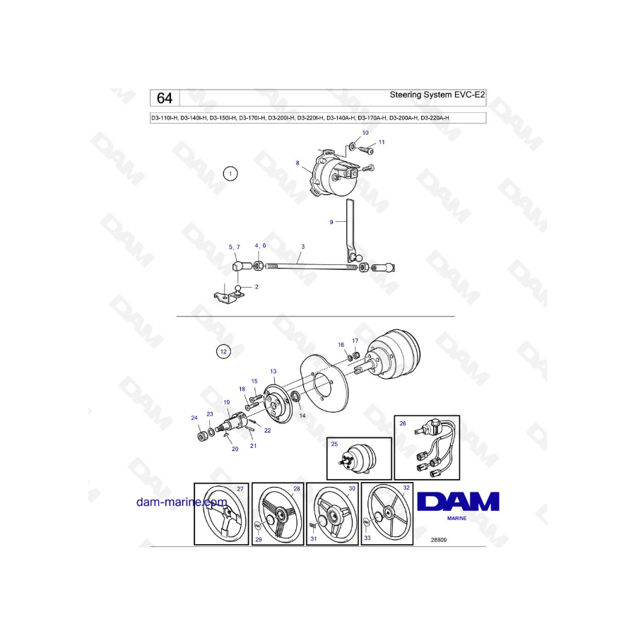 Volvo Penta D3-110I-H / D3-140I-H / D3-150I-H / D3-170I-H / D3-200I-H / D3-220I-H / D3-140A-H - Sistema de dirección EVC-E