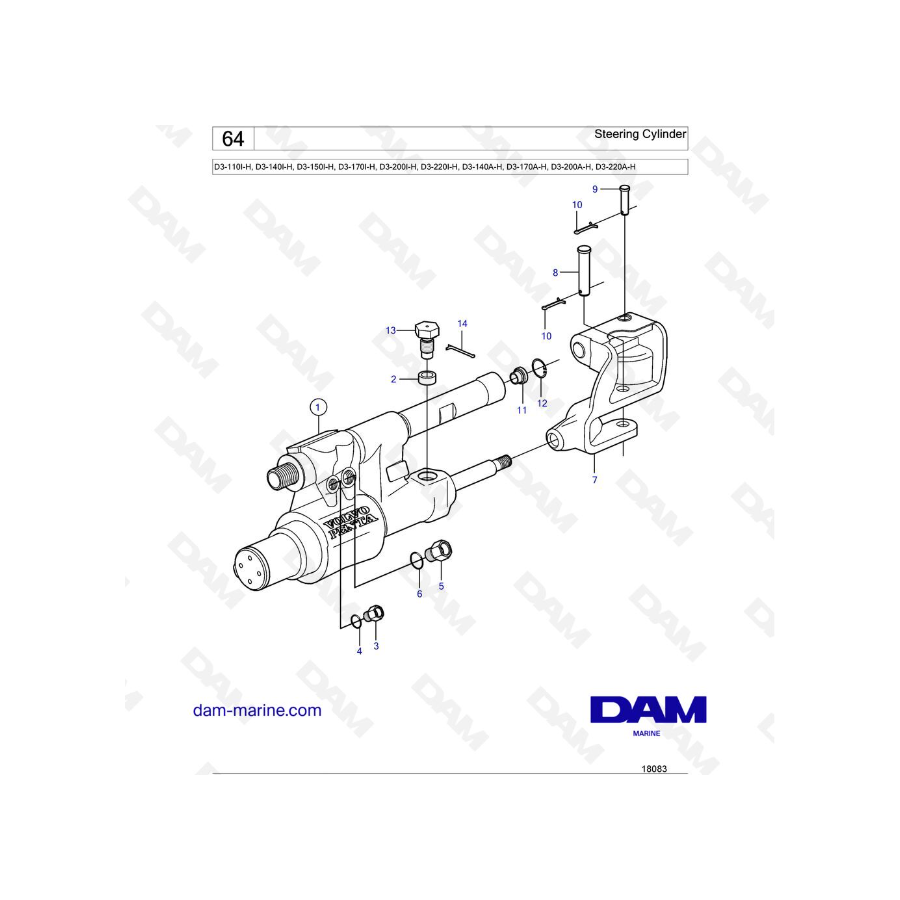 Volvo Penta D3-110I-H / D3-140I-H / D3-150I-H / D3-170I-H / D3-200I-H / D3-220I-H / D3-140A-H - Cilindro de dirección