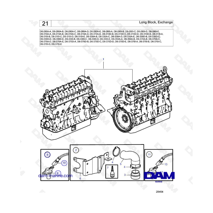 Volvo Penta D6-280 / D6-310 / D6-330 / D6-370 - Intercambio de bloque largo