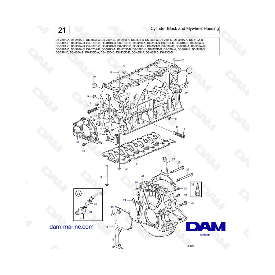 Volvo Penta D6-280 / D6-310 / D6-330 / D6-350 / D6-370 - Bloque de cilindros y carcasa del volante