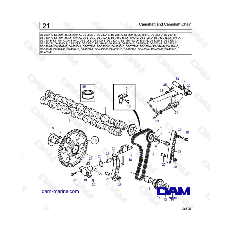 Volvo Penta D6-280 / D6-310 / D6-330 / D6-350 / D6-370 - Árbol de levas y cadena de árbol de levas