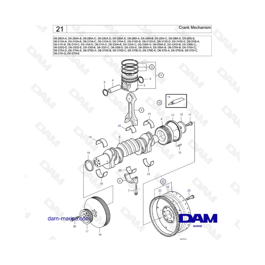 Volvo Penta D6-280 / D6-310 / D6-330 / D6-350 / D6-370 - Mecanismo de manivela