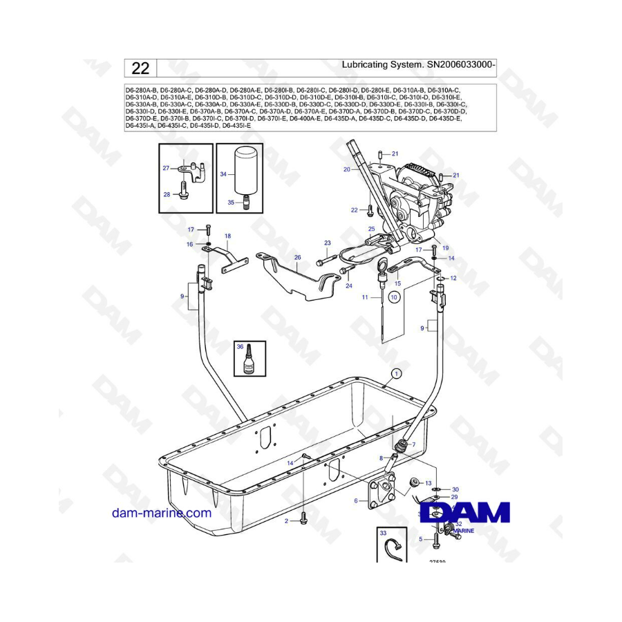 Volvo Penta D6-280 / D6-310 / D6-330 / D6-370 / D6-400 / D6-435 - Lubricating system SN2006033000