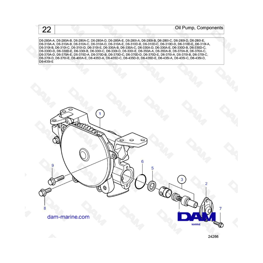 Volvo Penta D6-280 / D6-310 / D6-330 / D6-350 / D6-370 / D6-400 / D6-435 - Componentes de bomba de aceite