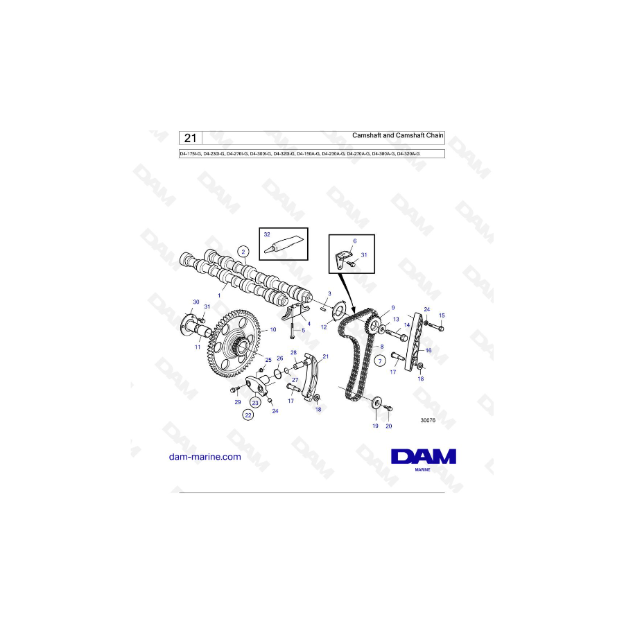 Volvo Penta D4-175I-G / D4-230I-G / D4-270I-G / D4-300I-G / D4-320I-G / D4-150A-G / D4-230A-G / D4-270A-G - Árbol de levas y C