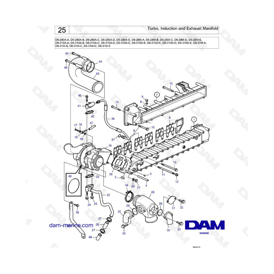 Volvo Penta D6-280 / D6-310 - Turbo, admisión y colector de escape