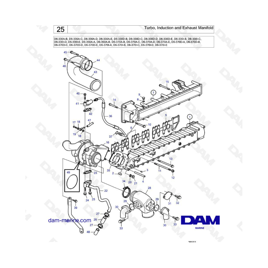 Volvo Penta D6-330 / D6-350 / D6-370 - Turbo, admisión y colector de escape