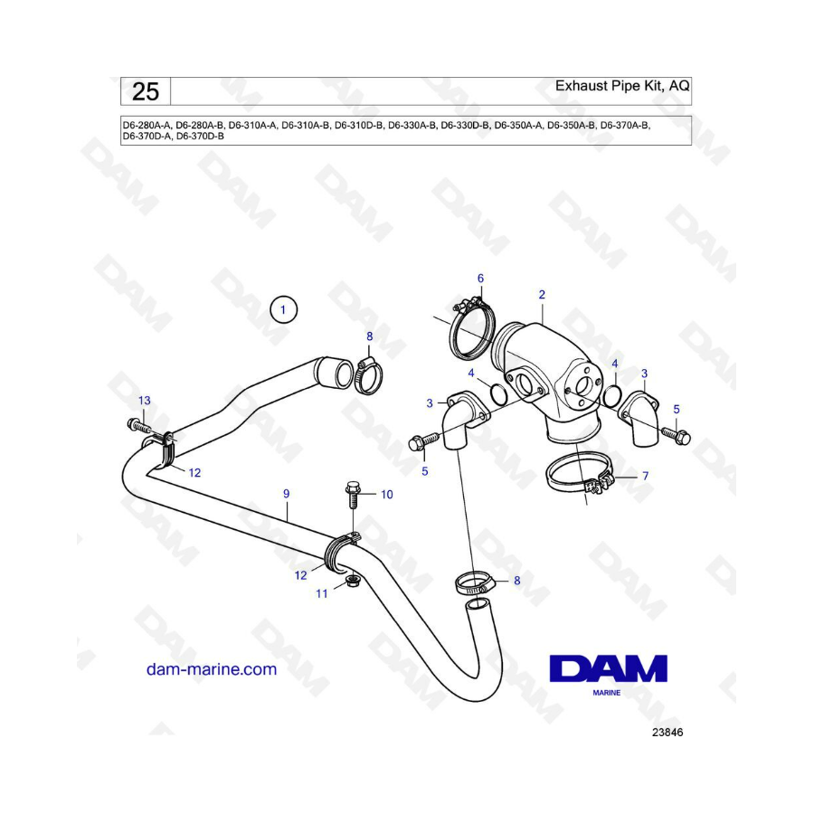 Volvo Penta D6-280 / D6-310 / D6-330 / D6-350 / D6-370 - Exhaust pipe kit, AQ 