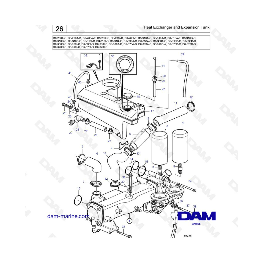 Volvo Penta D6-280 / D6-310 / D6-330 / D6-350 / D6-370 / D6-400 / D6-435 - Heat exchanger & expansion tank 