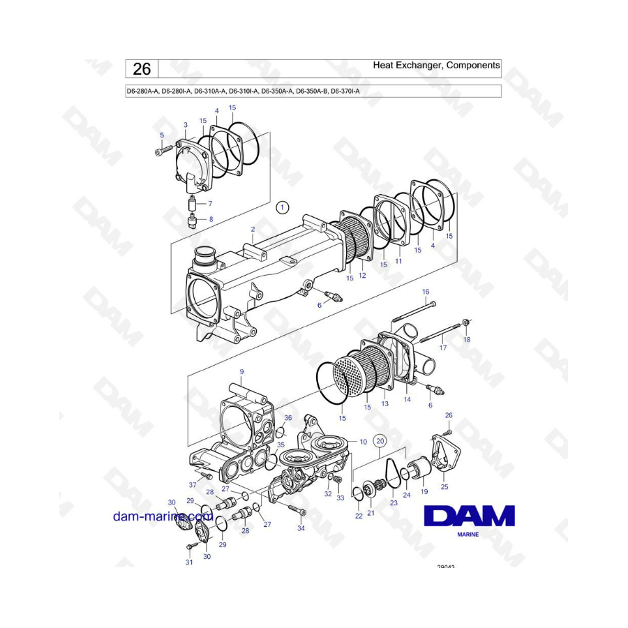 Volvo Penta D6-280A-A, D6-280I-A, D6-310A-A, D6-310I-A, D6-350A-A, D6-350A-B, D6-370I-A - Heat exchanger, components