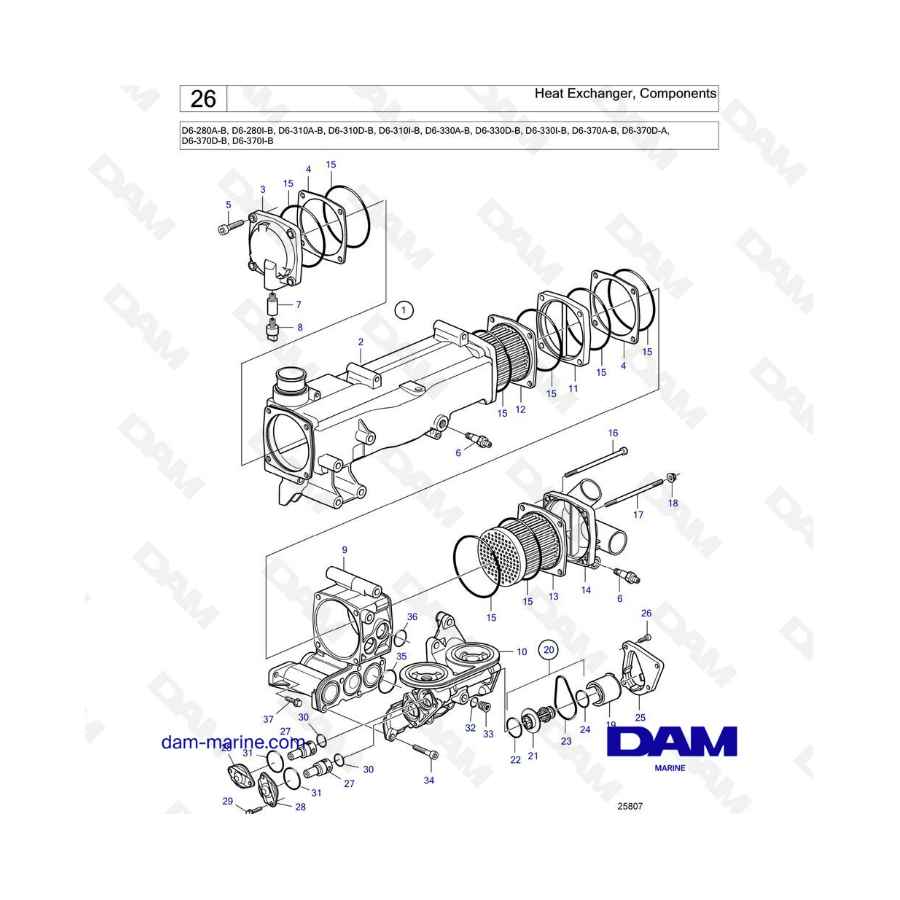 Volvo Penta D6-280 / D6-310 / D6-330 / D6-350 / D6-370 - Componentes del intercambiador de calor