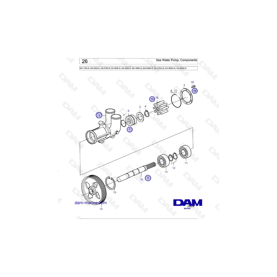 Volvo Penta D4-175I-G / D4-230I-G / D4-270I-G / D4-300I-G / D4-320I-G / D4-150A-G / D4-230A-G / D4-270A-G - bomba de agua de mar