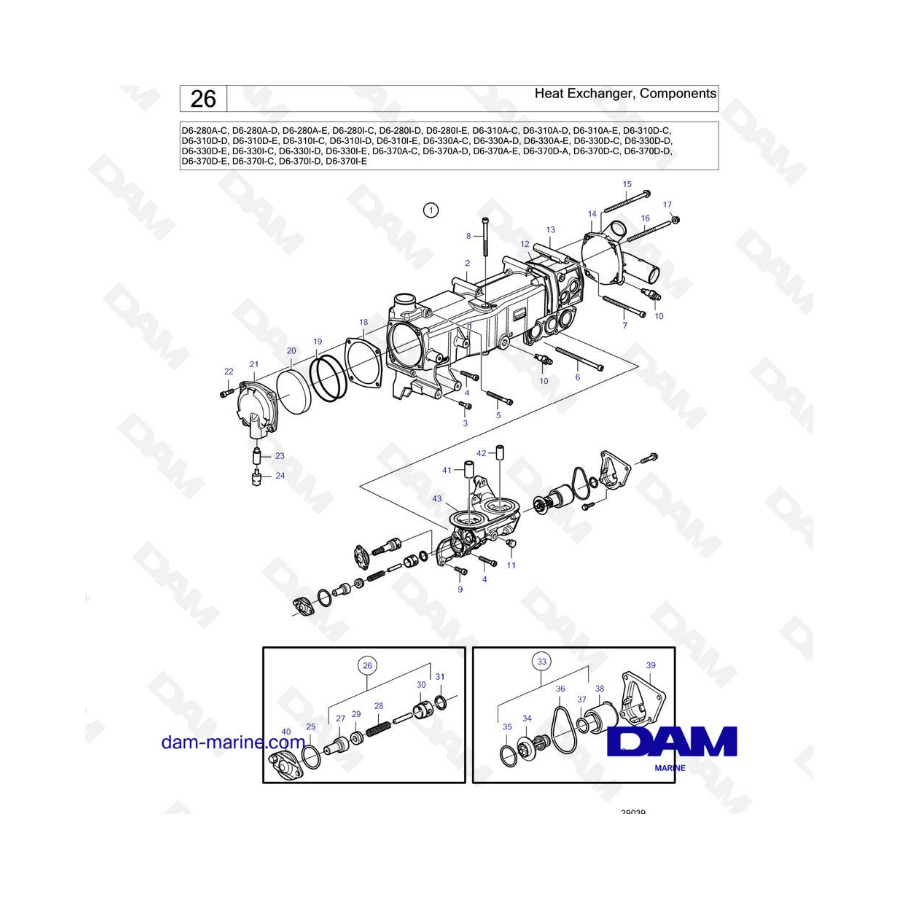 Volvo Penta D6-280 / D6-310 / D6-330 / D6-370 - Heat exchanger, components