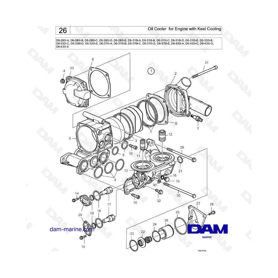 Volvo Penta D6-280 / D6-310 / D6-330 / D6-370 / D6-435 - Oil cooler for engine with keel cooling