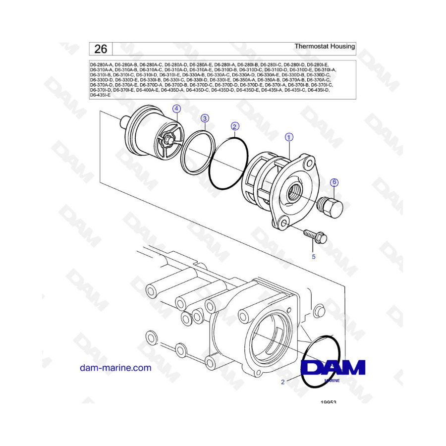 Volvo Penta D6-280 / D6-310 / D6-330 / D6-350 / D6-370 / D6-400 / D6-435 - Caja del termostato