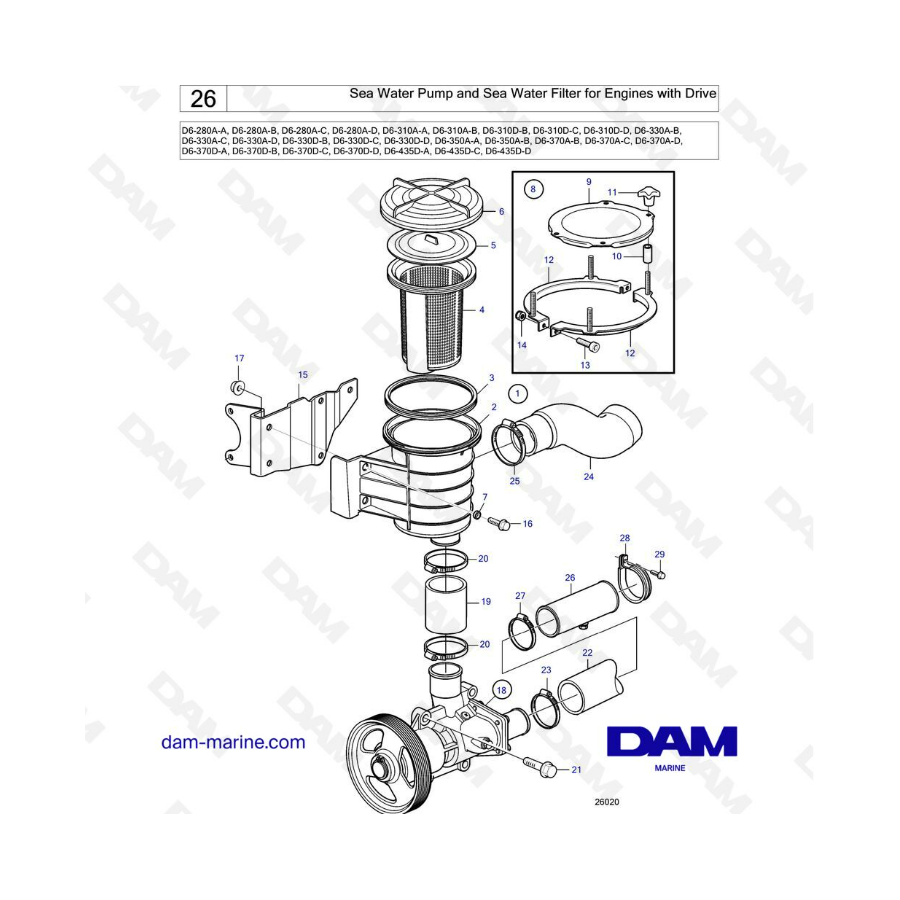 Volvo Penta D6-280 / D6-310 / D6-330 / D6-370/ D6-435 - Bomba de agua de mar y filtro de agua de mar para motores con accionamie