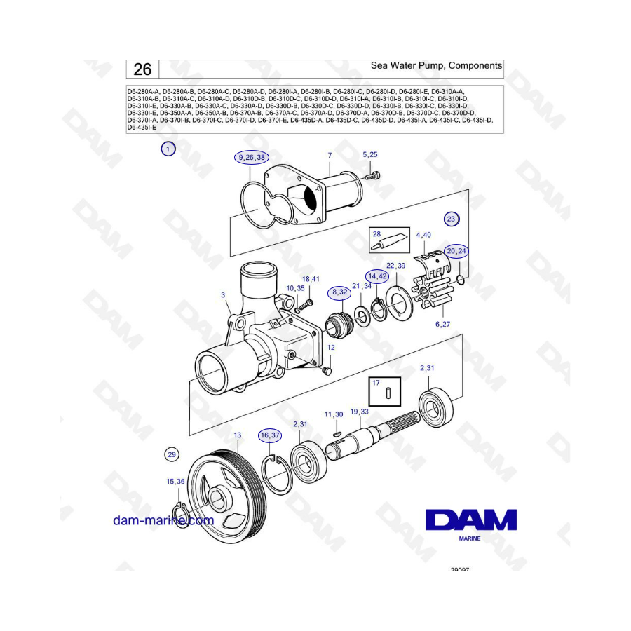 Volvo Penta D6-280 / D6-310 / D6-330 / D6-350 / D6-370 / D6-435 - Bomba de agua de mar, componentes