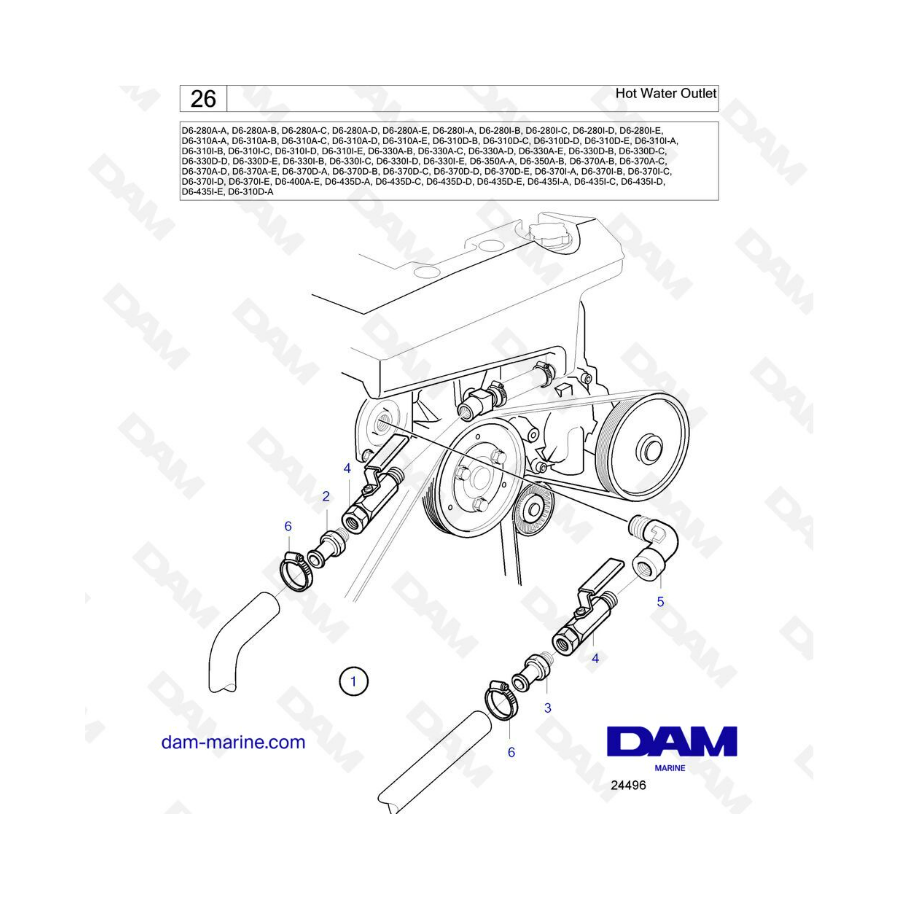 Volvo Penta D6-280 / D6-310 / D6-330 / D6-350 / D6-370 / D6-400 / D6-435 - Hot water outlet