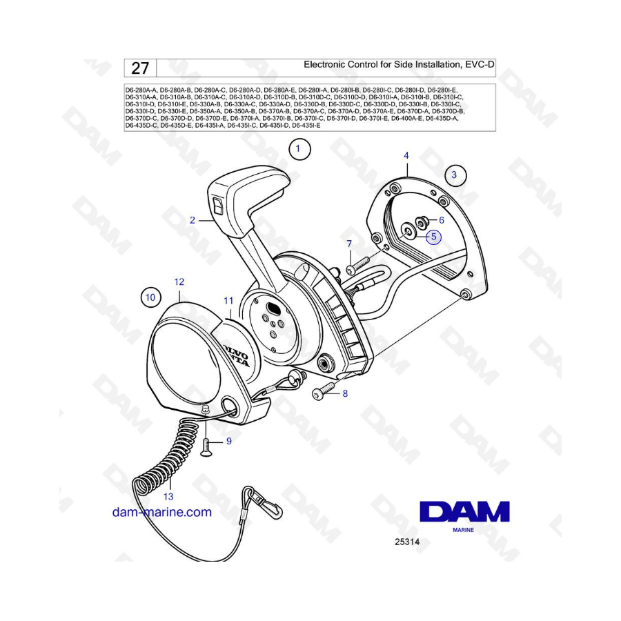 Volvo Penta D6-280 / D6-310 / D6-330 / D6-350 / D6-370 / D6-400 / D6-435 - Control electrónico para instalación lateral, evc-d