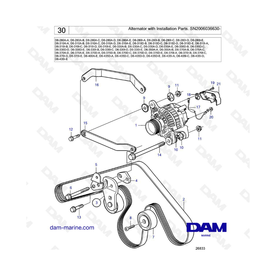 Volvo Penta D6-280 / D6-310 / D6-330 / D6-350 / D6-370 / D6-400 / D6-435 - Alternator with installation parts