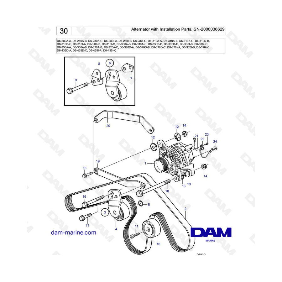 Volvo Penta D6-280 / D6-310 / D6-330 / D6-350 / D6-370 / D6-435 - Alternador con piezas de instalación