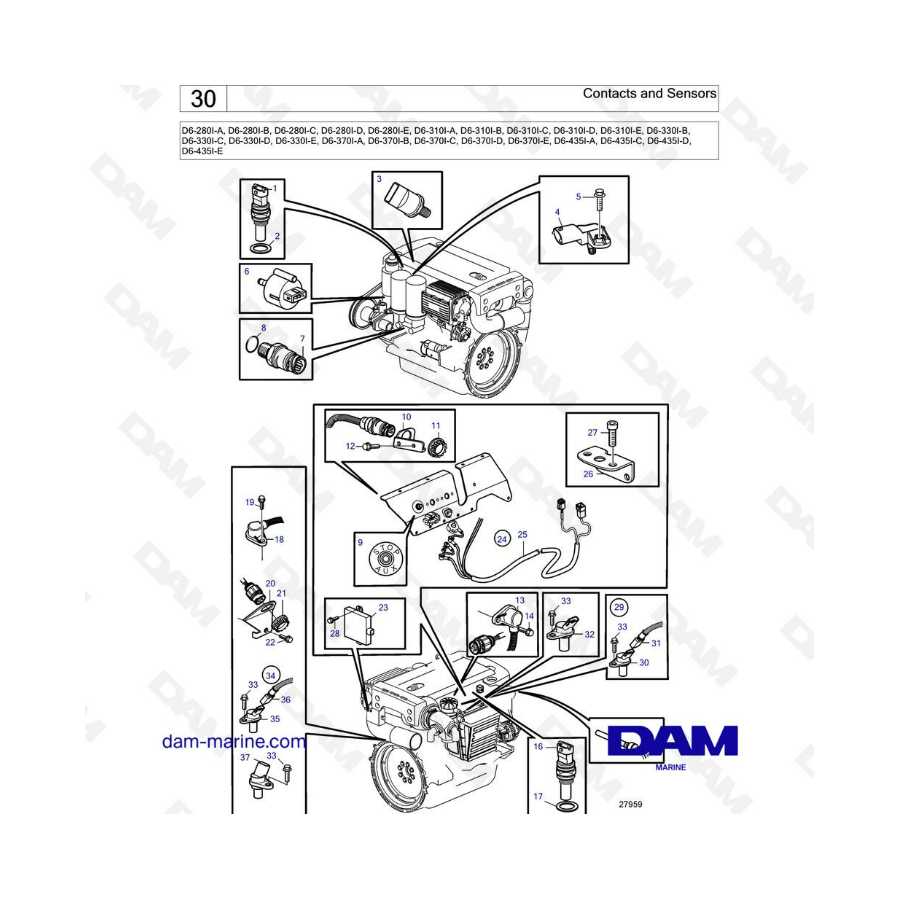 Volvo Penta D6-280 / D6-310 / D6-330 / D6-370 / D6-435 - Contactos y sensores