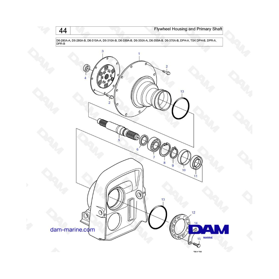 Volvo Penta D6-280 / D6-310 / D6-330 / D6-350 / D6-370 - Caja del volante y eje primario