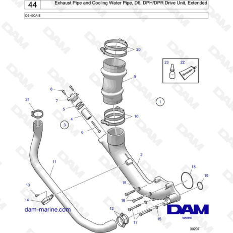 Volvo Penta D6 - Exhaust pipe & cooling water pipe, D6, DPH-DPR Drive unit