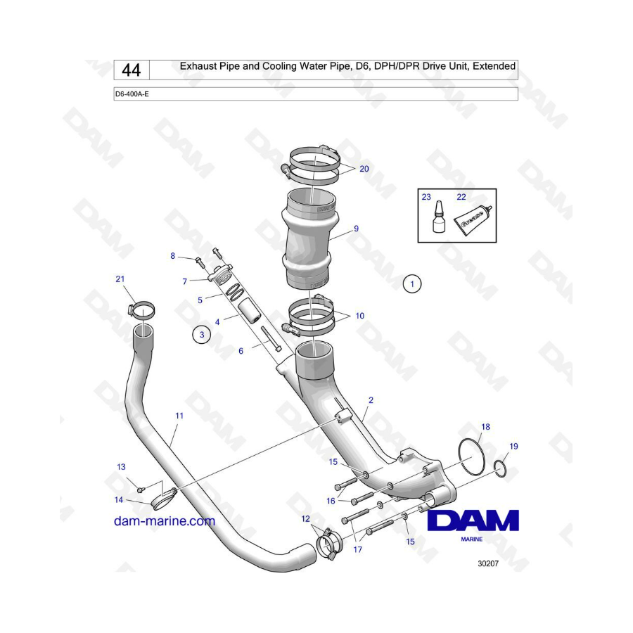 Volvo Penta D6 - Exhaust pipe & cooling water pipe, D6, DPH-DPR Drive unit