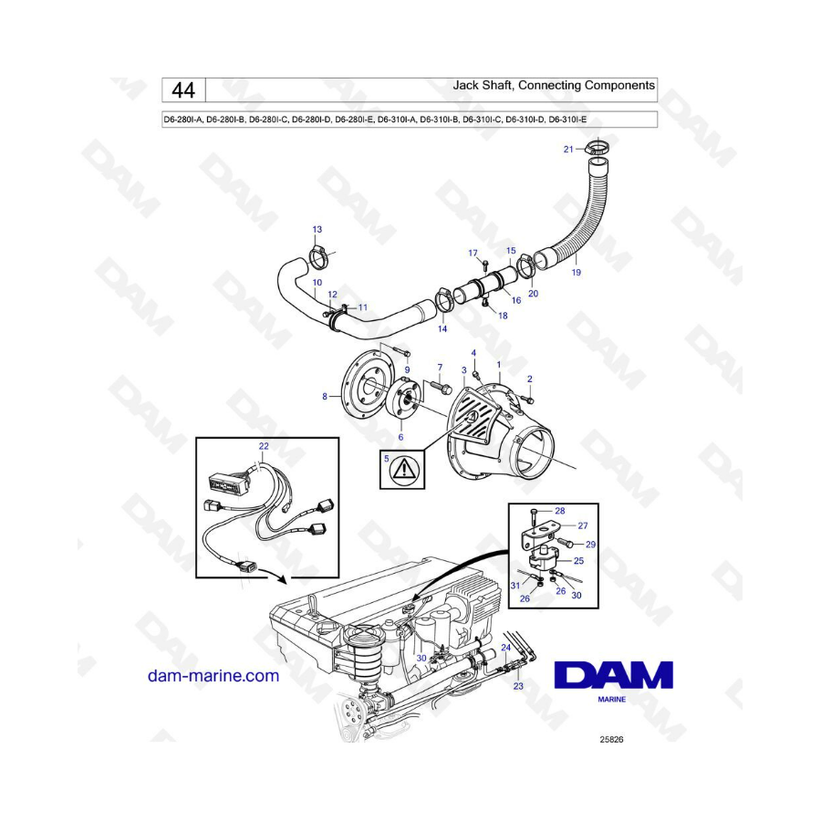 Volvo Penta D6-280 / D6-310 - Eje de gato, componentes de conexión