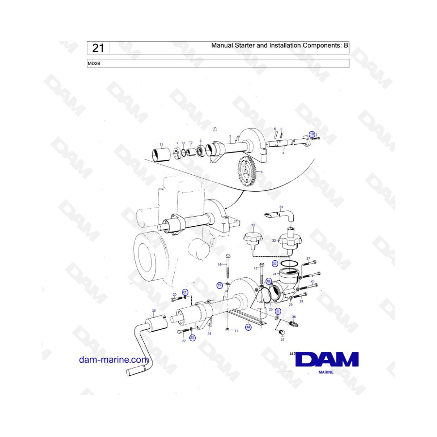 Volvo Penta MD2B - Arranque manual y componentes de instalación