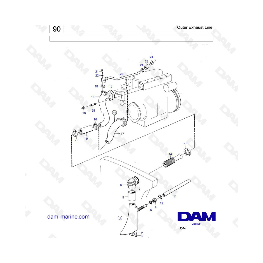 Volvo Penta MD1B / MD2B / MD3B - Línea de escape exterior