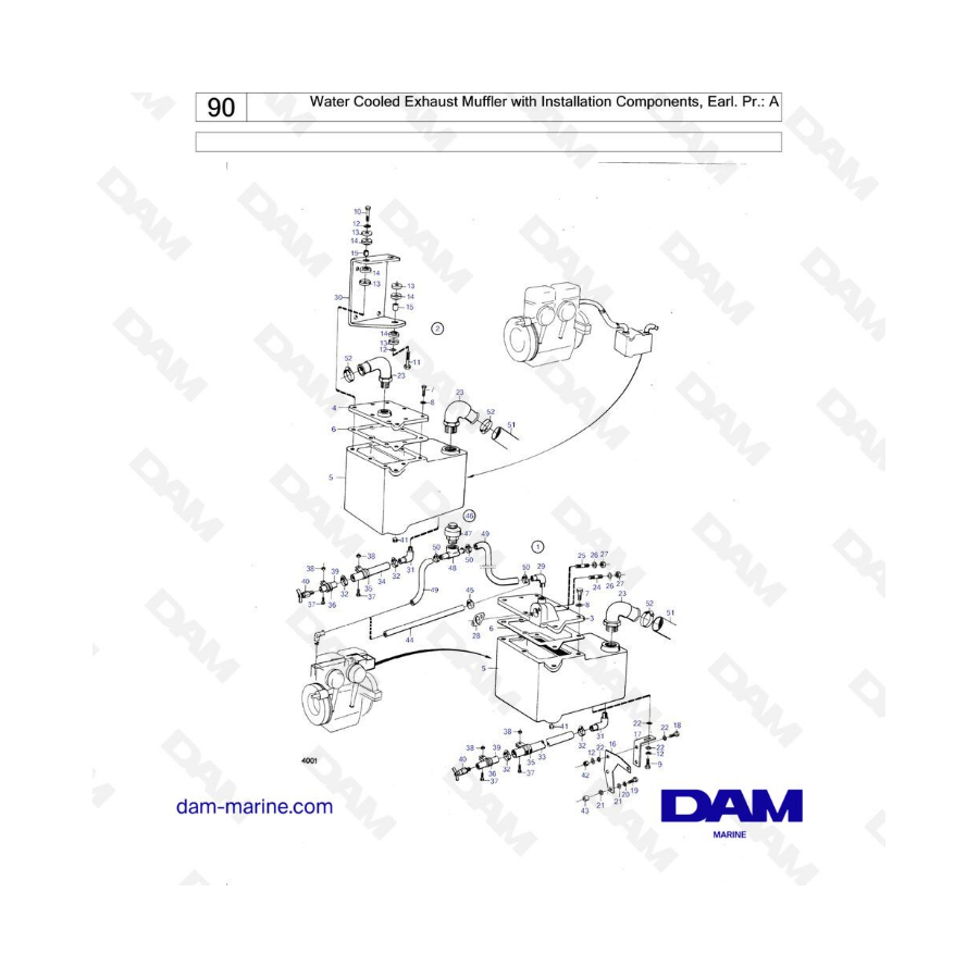 Volvo Penta MD1B / MD2B / MD3B: silenciador de escape refrigerado por agua con componentes de instalación, earl. Pr: A