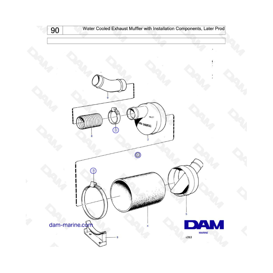 Volvo Penta MD1B / MD2B / MD3B: silenciador de escape refrigerado por agua con componentes de instalación, producción posterior